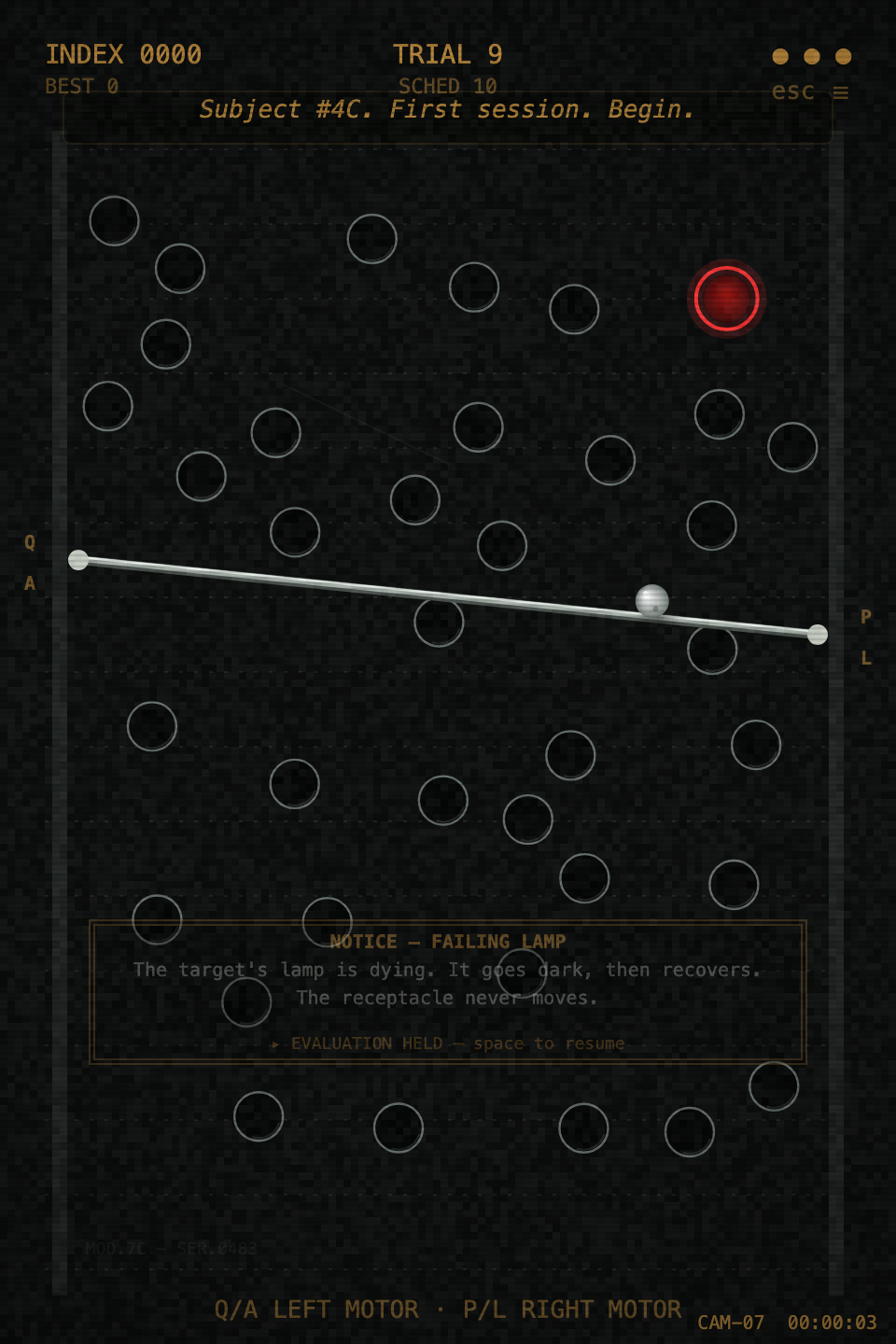 Gameplay: a steel bar tilts a ball across a board of holes toward one lit red target.